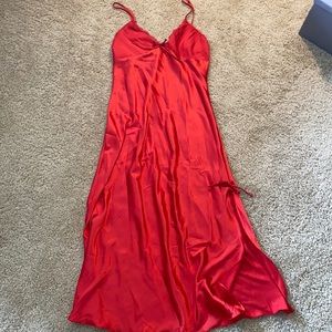 Red silk slip gown slit up leg and bows and lace